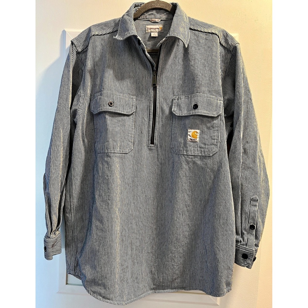 Carhartt Men’s Medium Hickory Stripe Work Shirt Blue/White 1/4 Zip 48”x31”